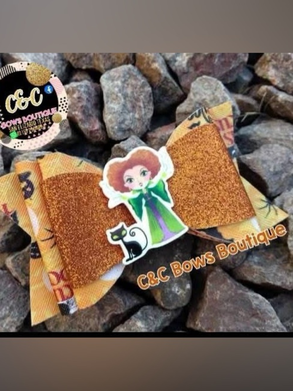 Handmade Hocus Pocus Winifred Sanderson Hair Bow - Orange Glitter & Black